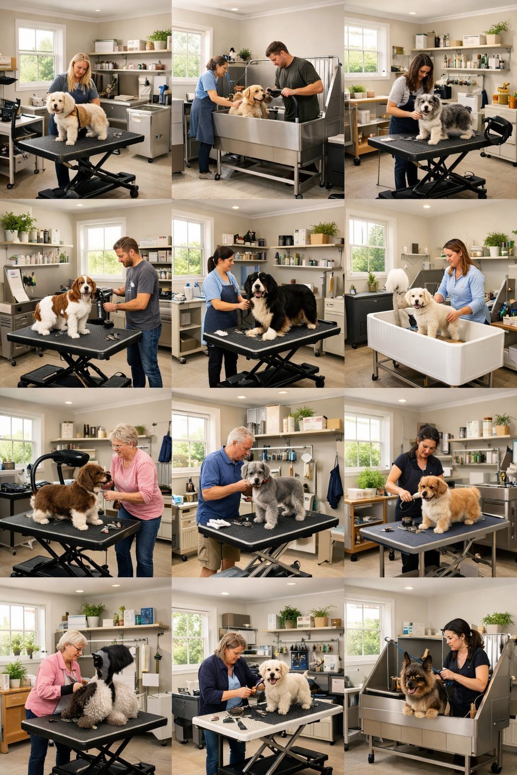 A spacious home interior showing 10 separate dog grooming rooms with grooming tables, tubs, and pet care supplies, where different dogs are being groomed by people.