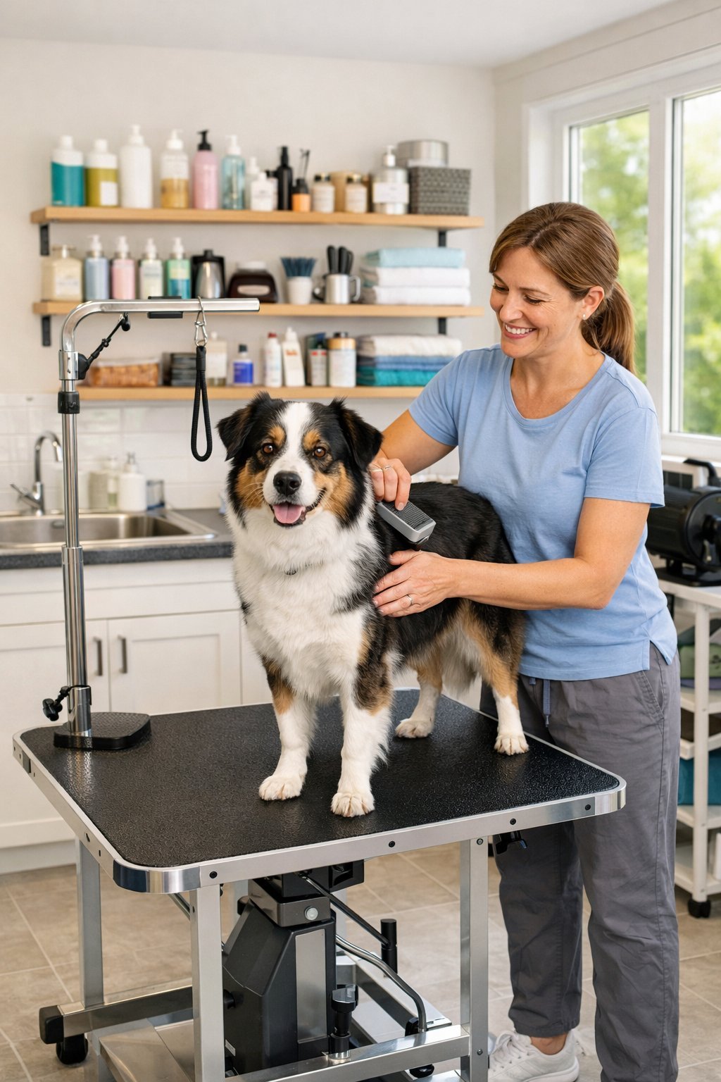 A person grooming a dog on a table in a bright, clean home grooming room with shelves of supplies and natural light.