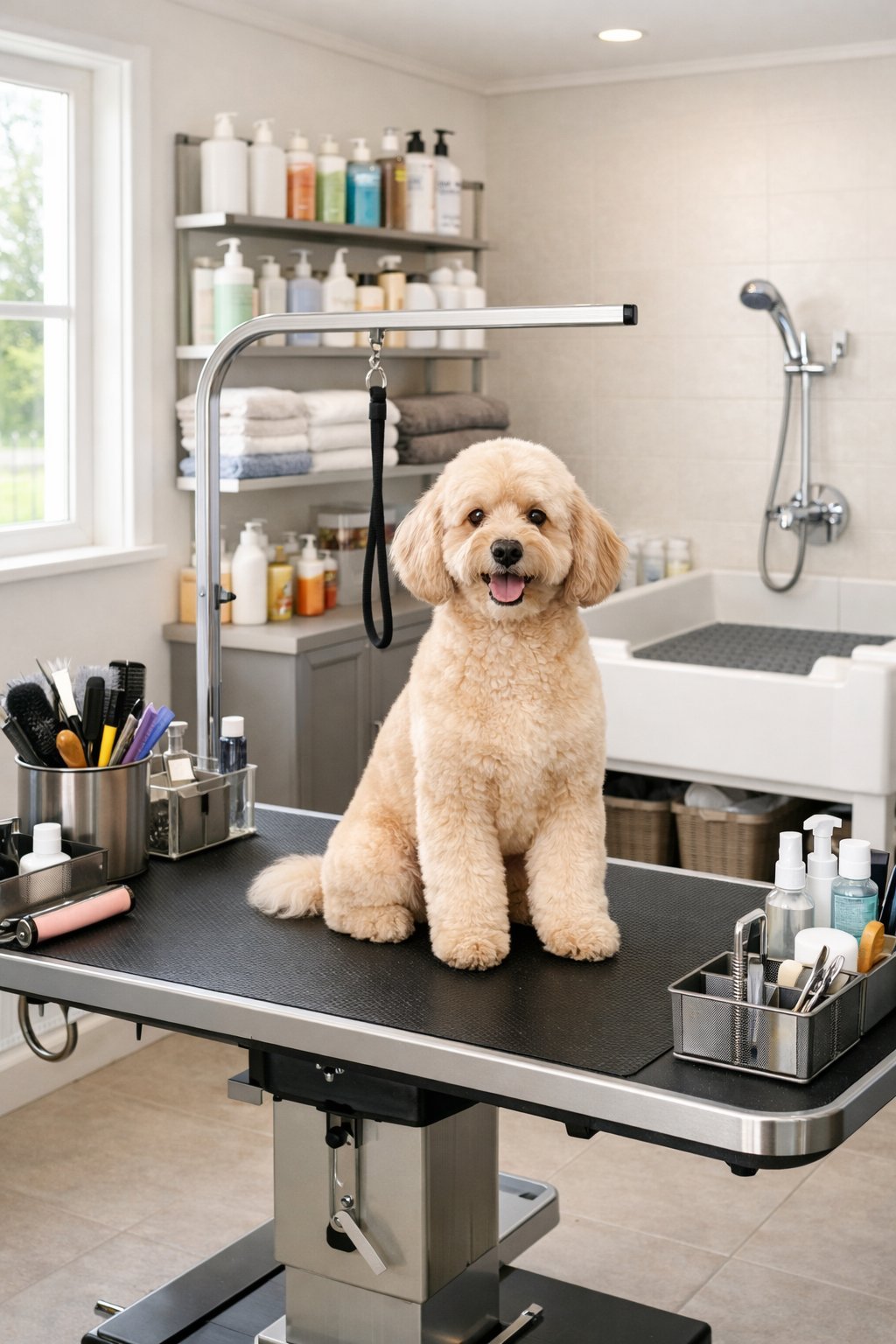 A clean and organized home dog grooming room with a grooming table, tools, shelves of supplies, a dog bathtub, and a calm dog sitting on the table.
