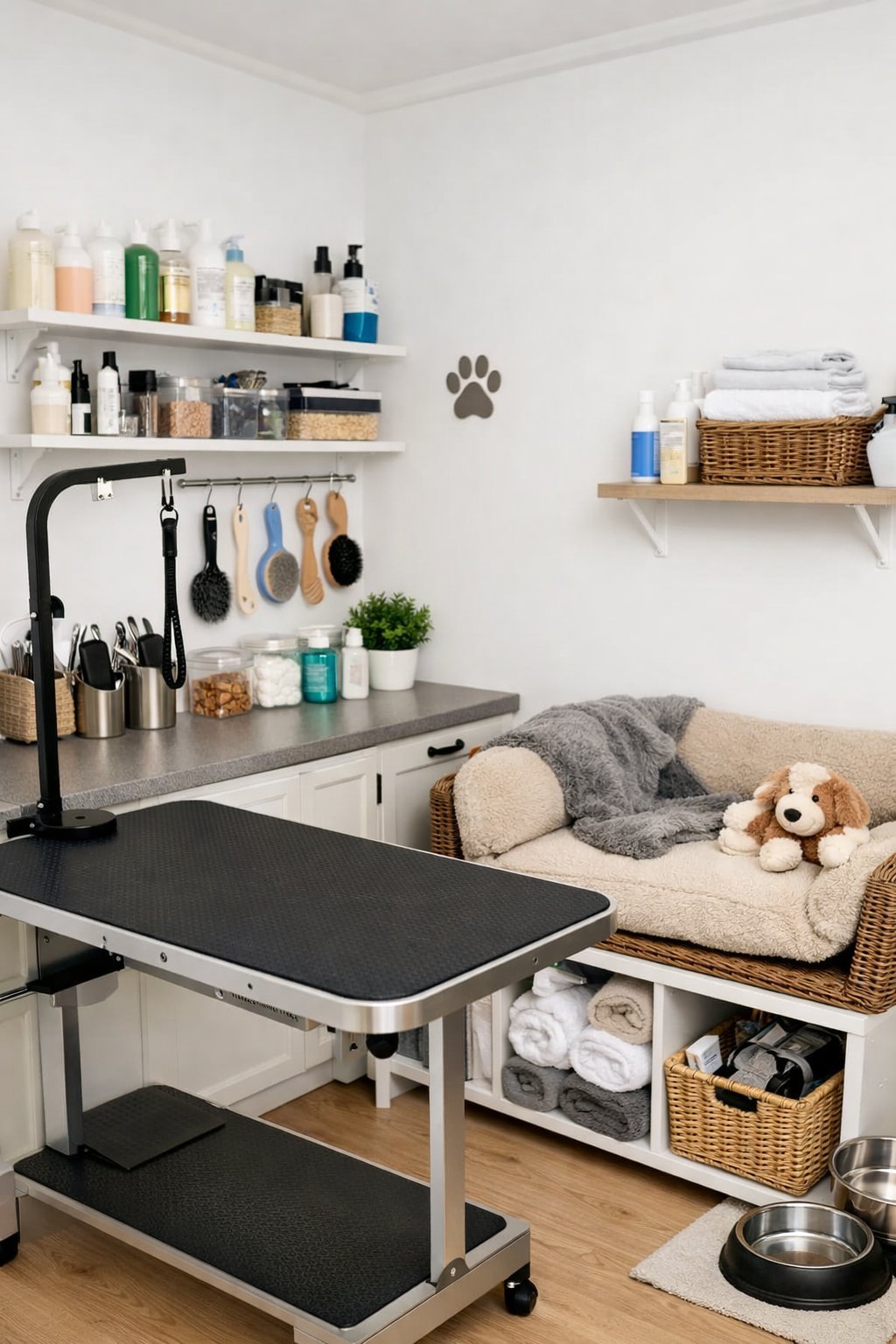 A clean and organized dog grooming room at home with grooming tools neatly arranged on shelves and a grooming table.