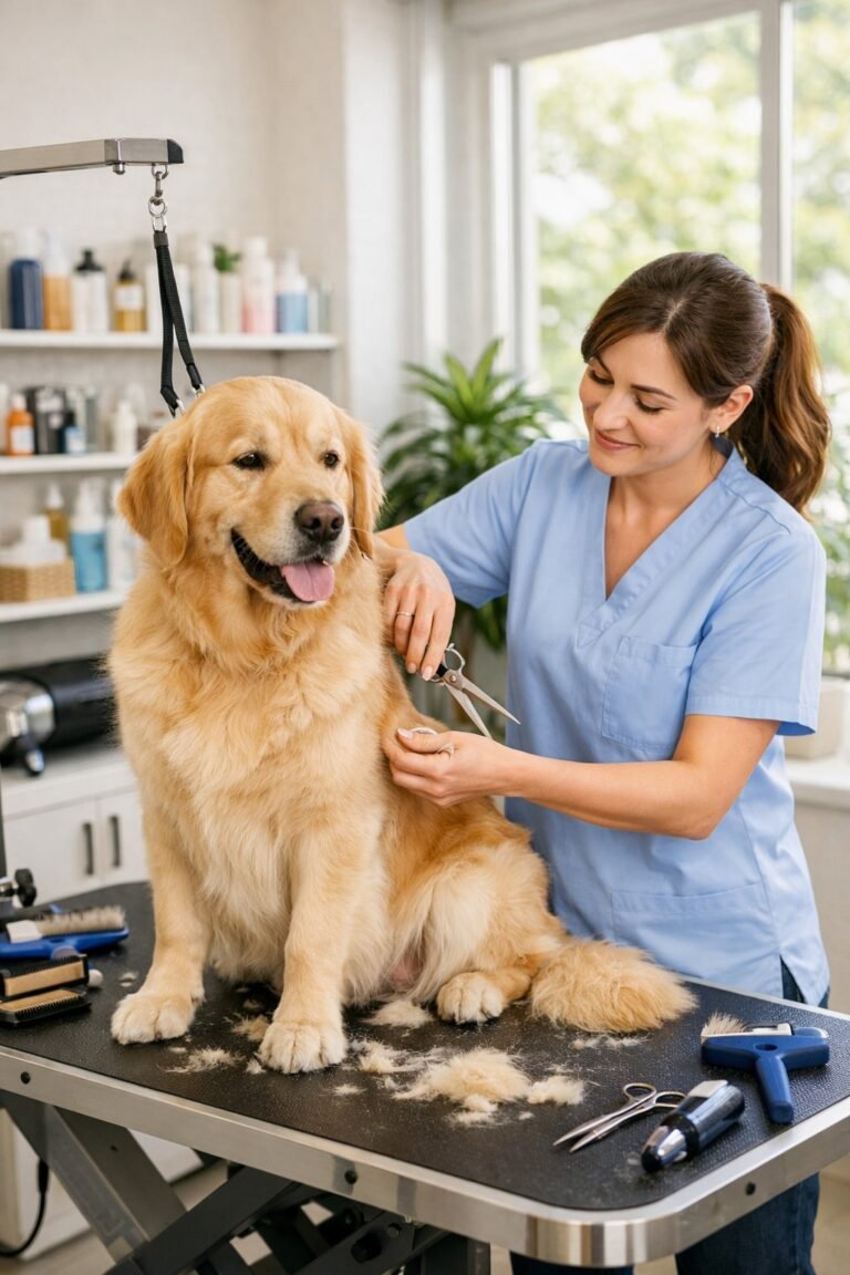 A professional groomer gently trimming a calm golden retriever's fur on a grooming table in a bright and clean salon.