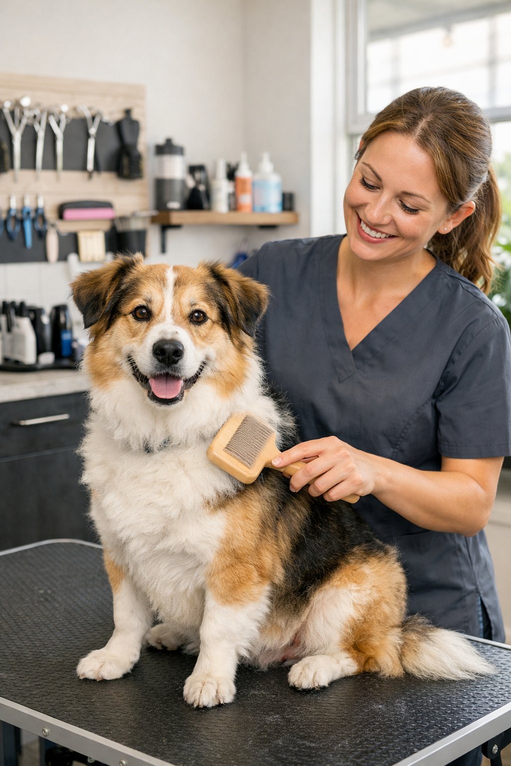A dog sitting calmly on a grooming table while a groomer brushes its fur in a bright pet salon.