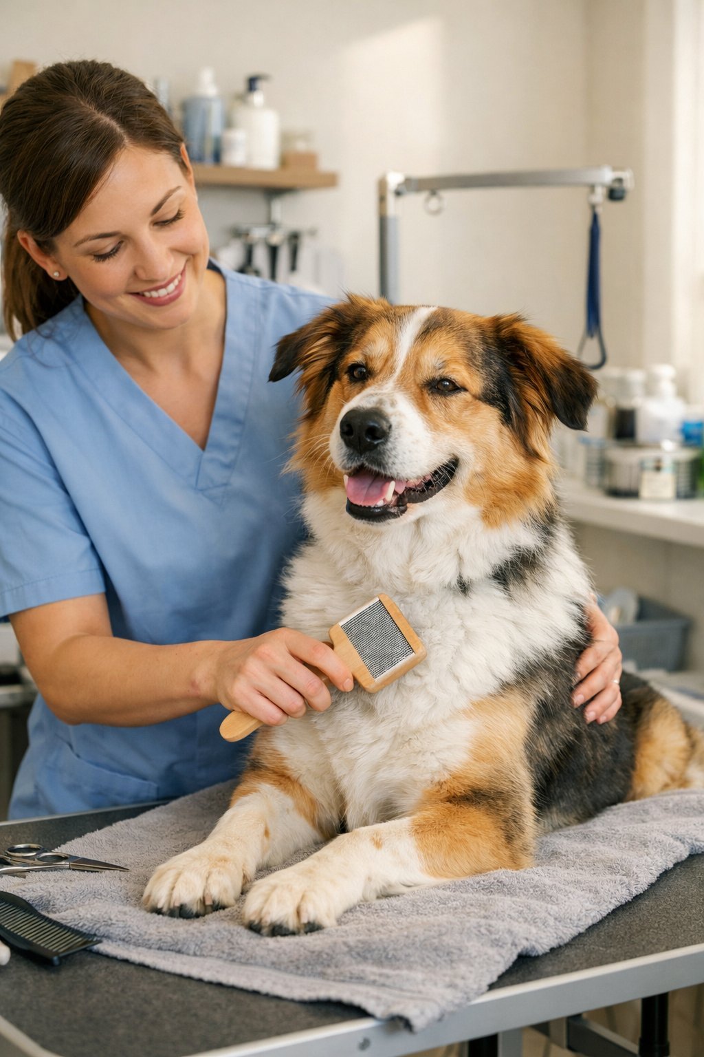 A calm dog being gently brushed by a professional groomer in a clean grooming salon.