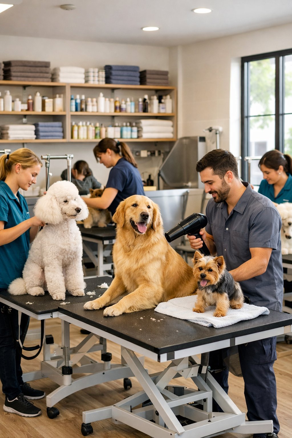 A clean and modern dog grooming salon with groomers caring for several well-groomed dogs of different breeds.