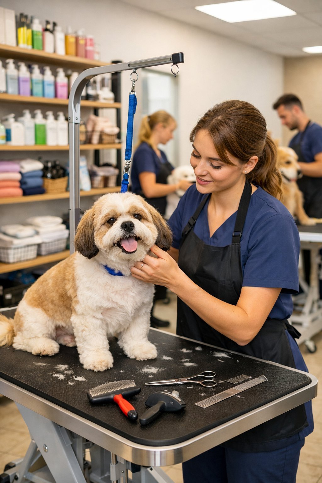 A groomer trims a dog on a grooming table inside a clean and organized dog grooming salon with shelves of grooming products in the background.