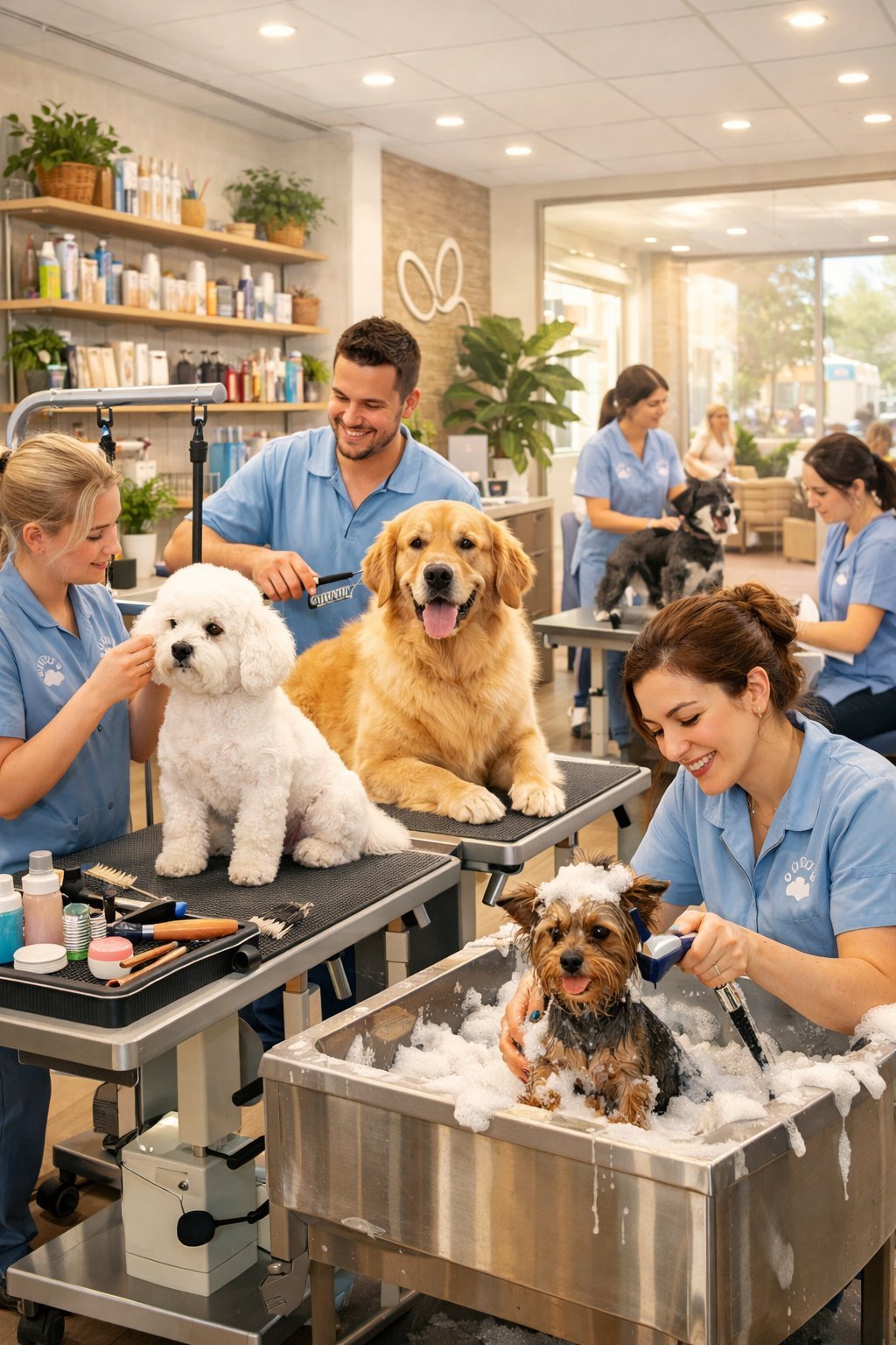 A dog grooming salon with groomers caring for different dogs in a clean and welcoming space.