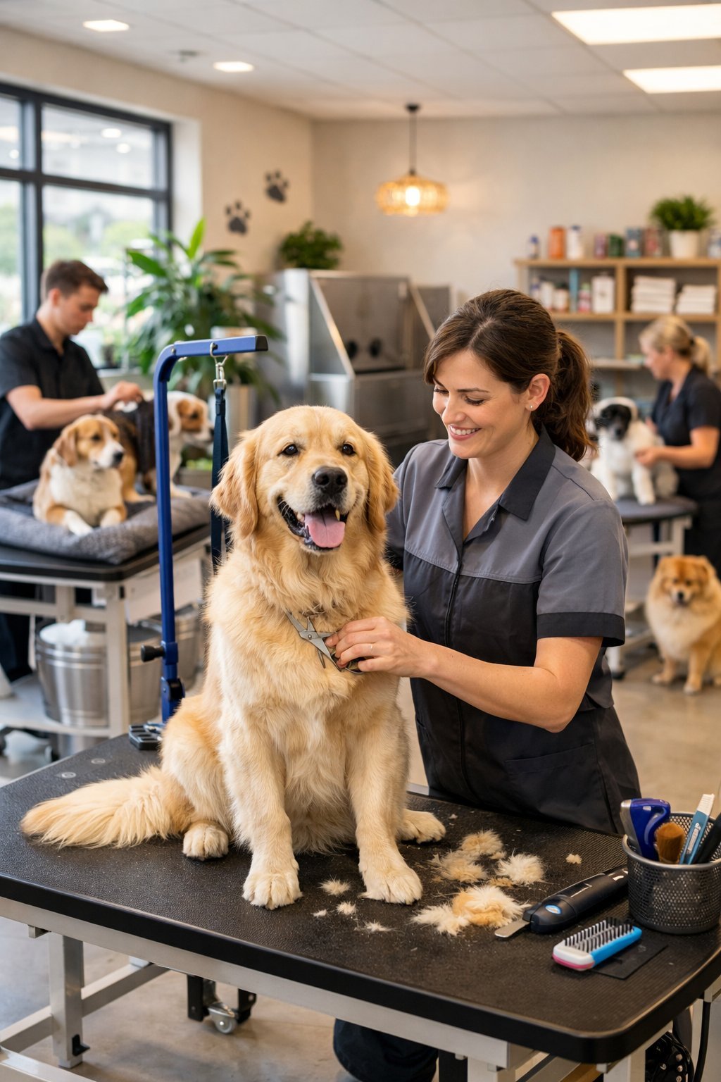 A professional dog groomer trimming a golden retriever's fur in a clean grooming salon with other dogs and grooming equipment visible.