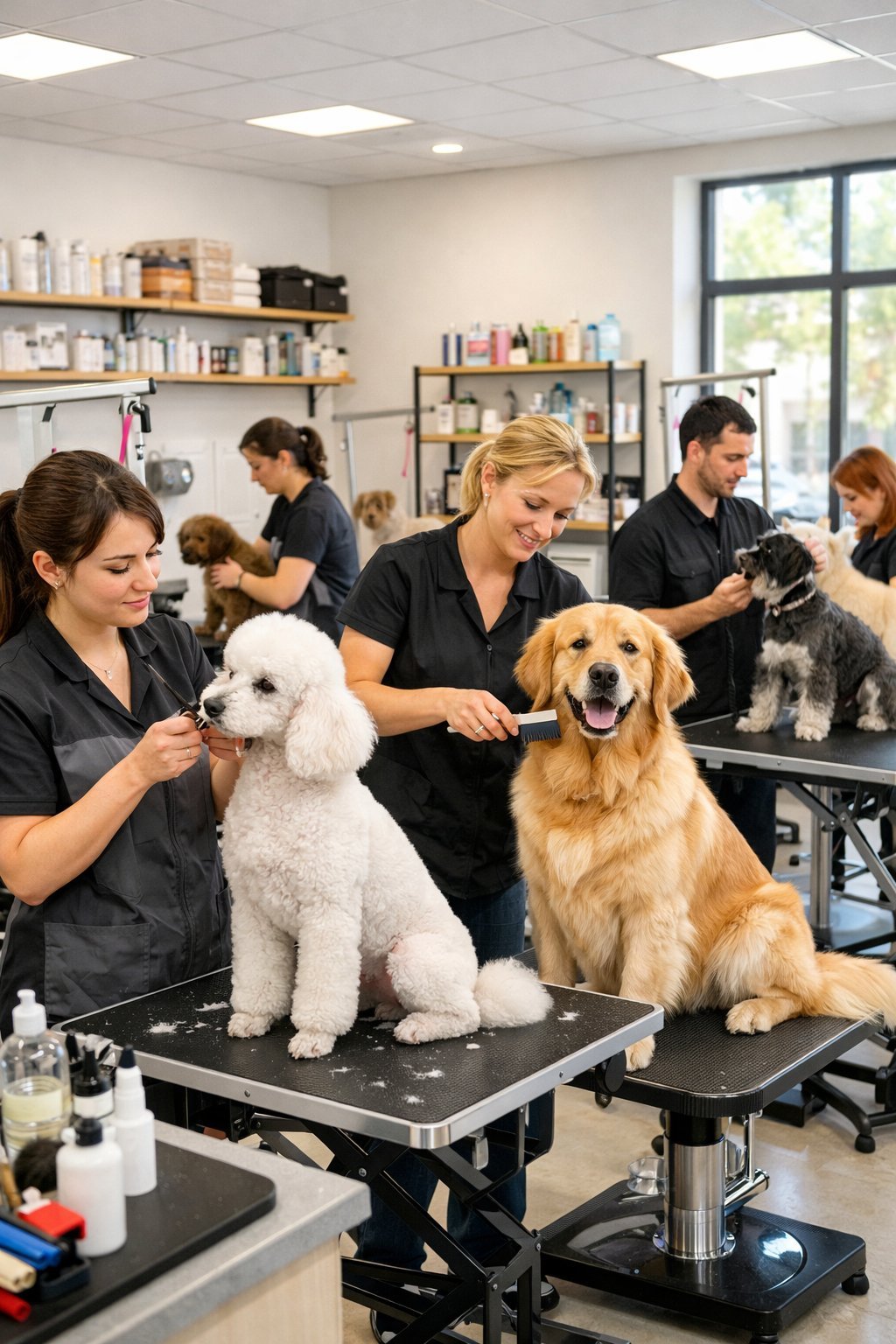 Professional groomers grooming various dog breeds inside a clean and well-lit dog grooming salon.