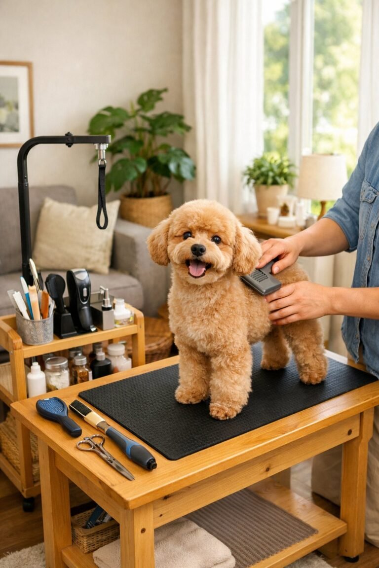 A person grooming a small dog on a grooming table in a cozy home setting with grooming tools nearby.