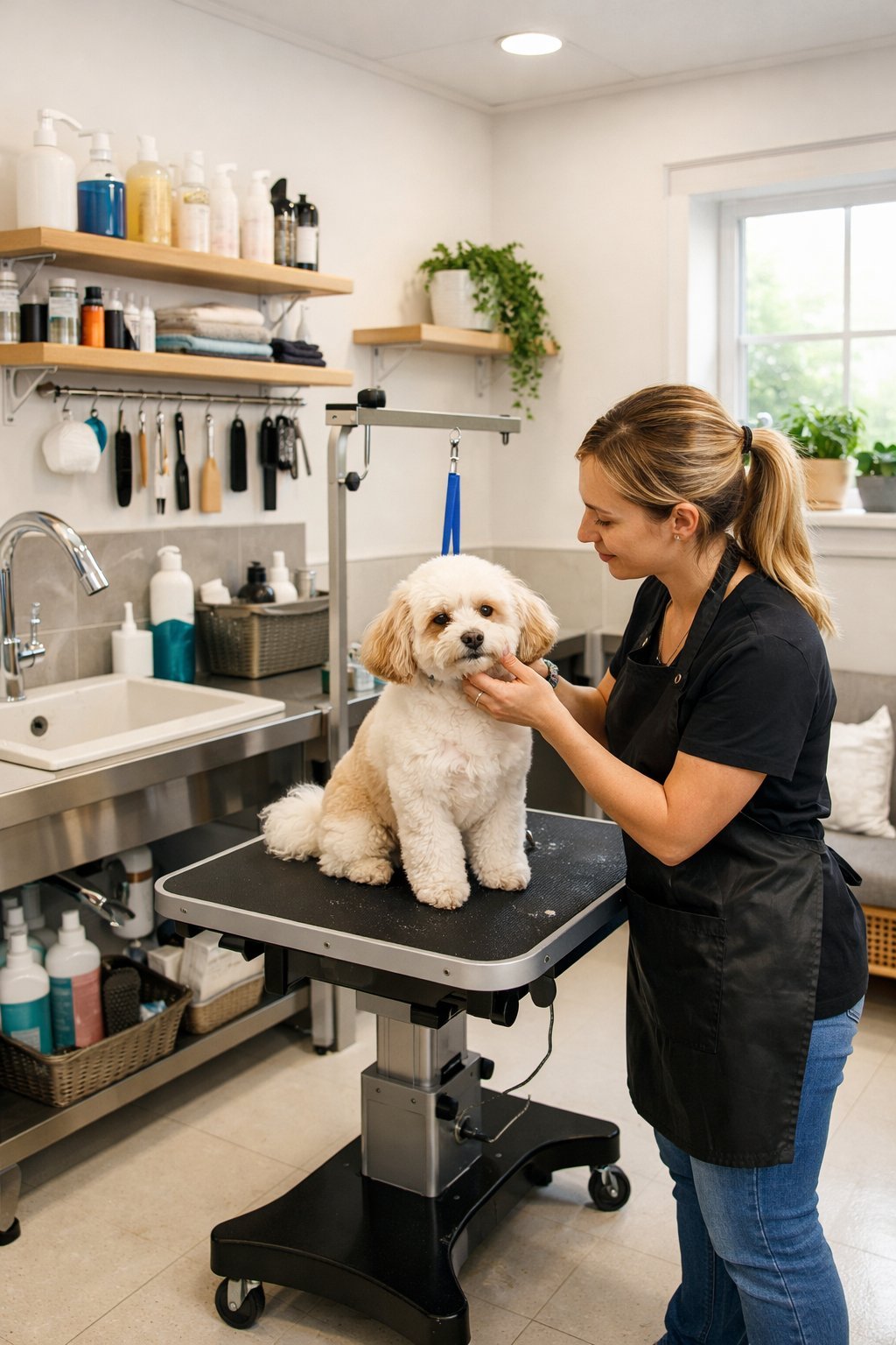 A small dog grooming salon with a groomer working on a dog at a grooming table, shelves with grooming supplies, a washing station, and a cozy waiting area.