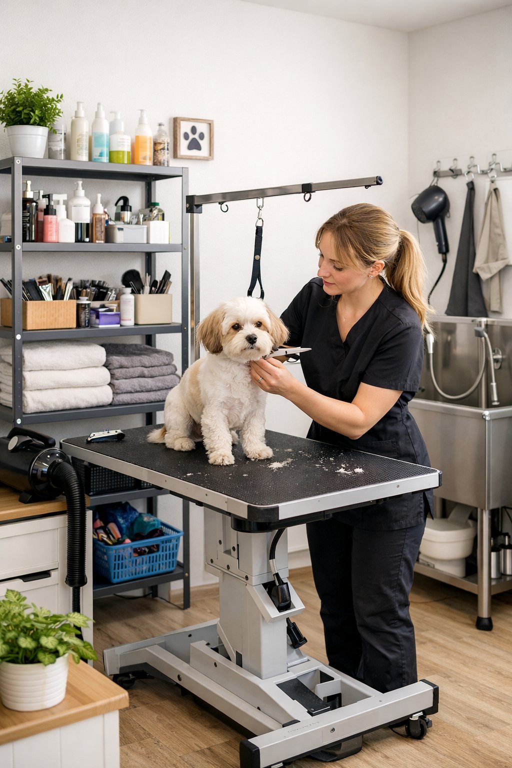 A small dog grooming salon with a groomer trimming a dog on a grooming table in a compact, organized space.