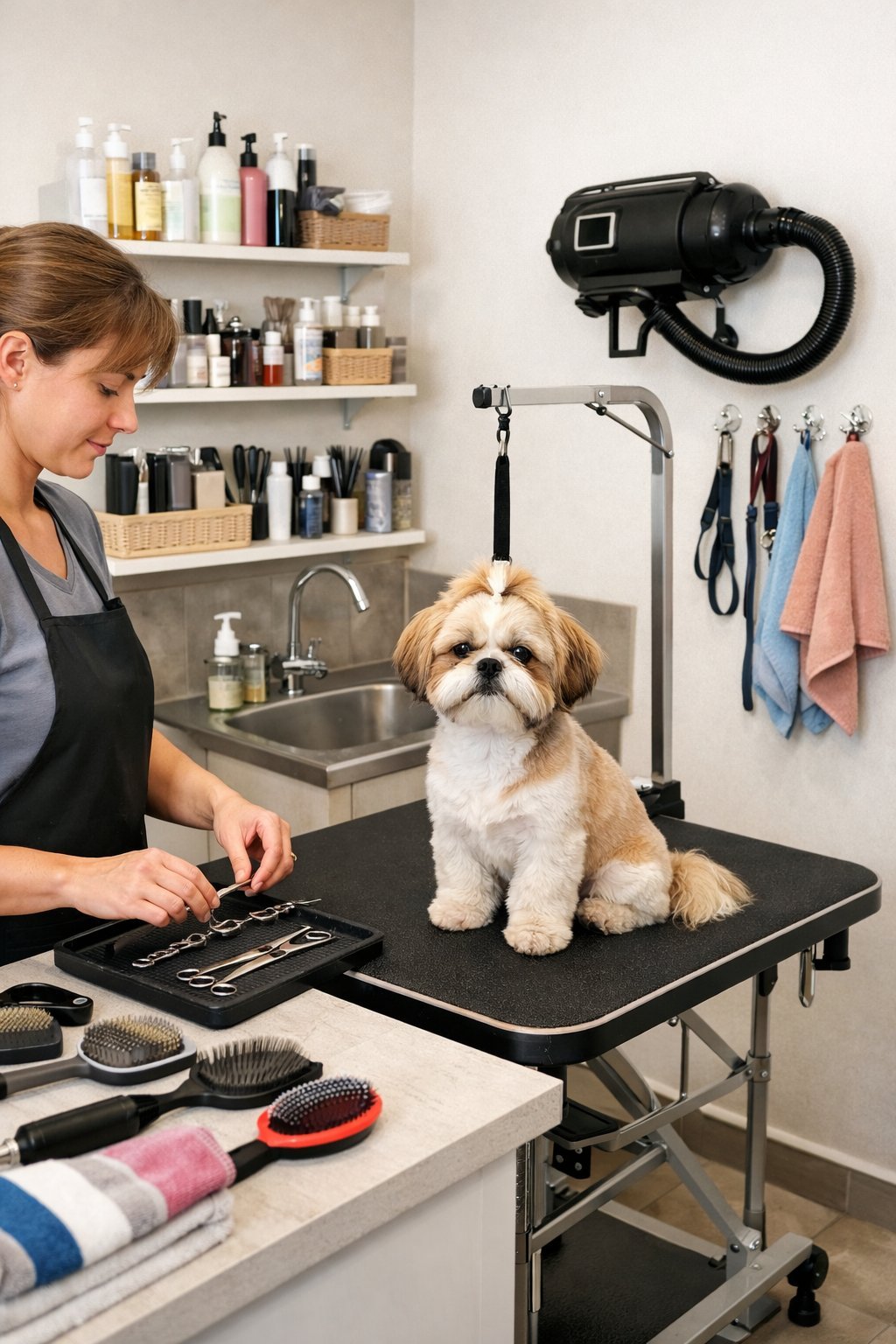 A small dog grooming salon with a compact grooming table, storage shelves with grooming tools, a small sink, and a groomer preparing tools while a dog sits on the table.