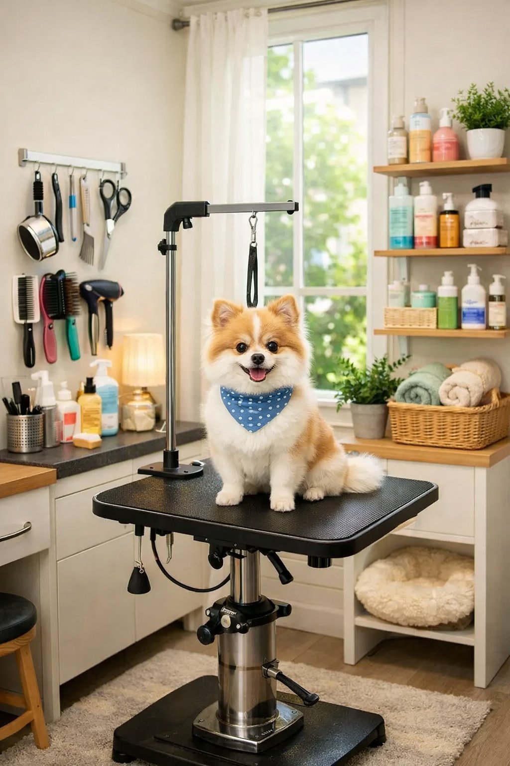 Interior of a small dog grooming salon with a grooming table, a small dog, grooming tools, shelves with pet products, and plants.