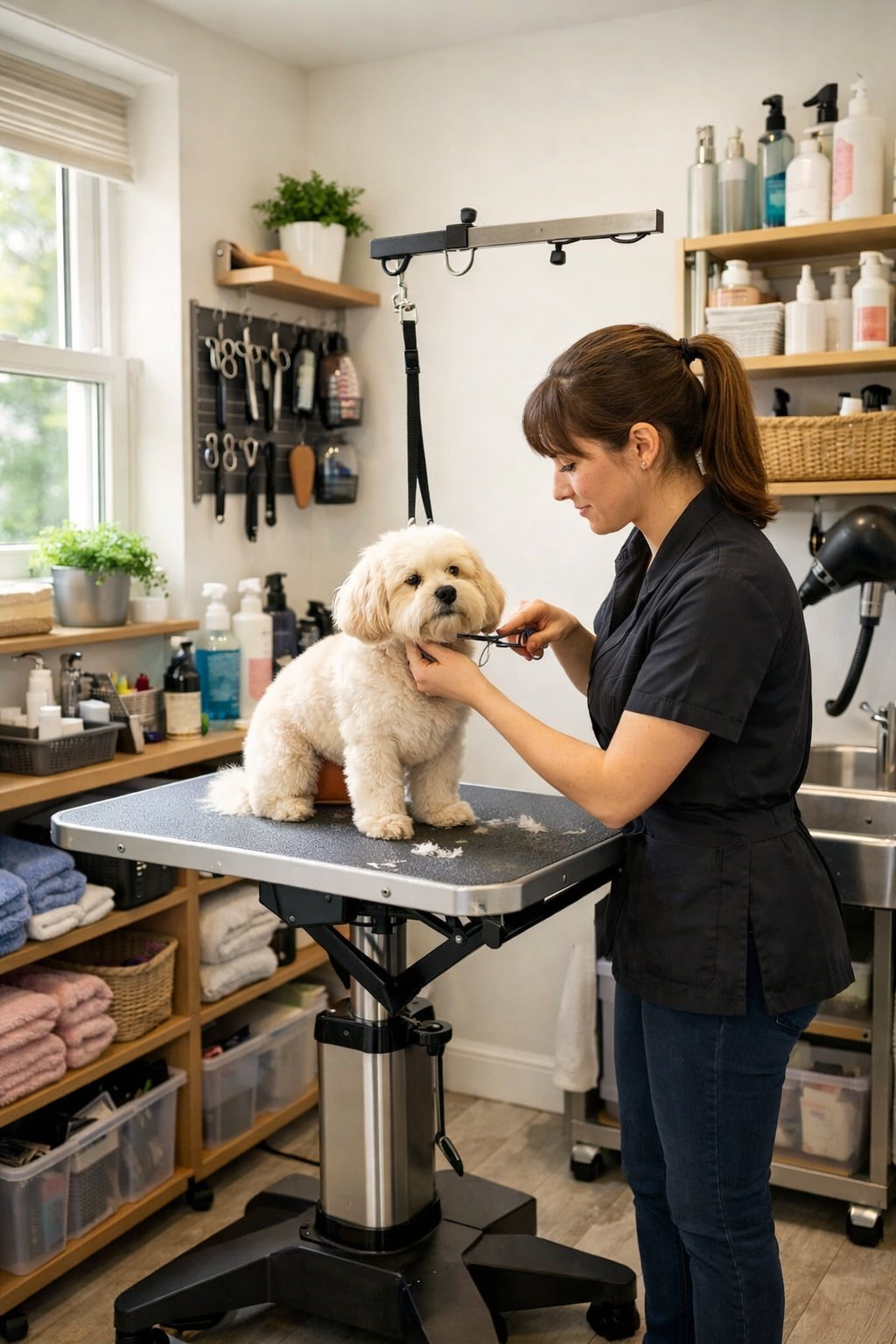 A small dog grooming salon with a groomer working on a dog at a grooming table surrounded by organized shelves and grooming tools in a compact, tidy space.
