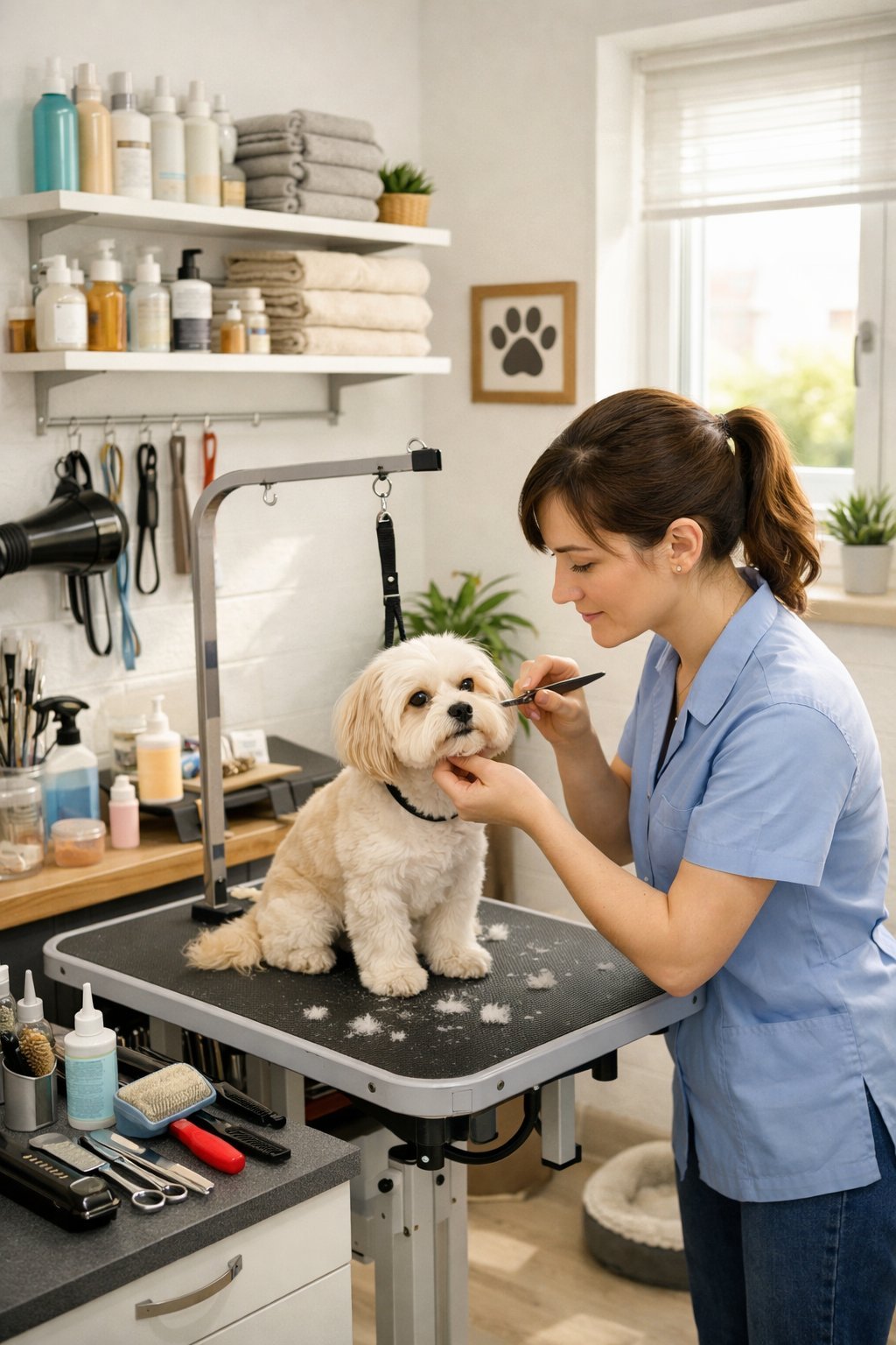 A groomer trimming a small dog on a grooming table in a clean, compact dog grooming salon with organized tools and natural light.