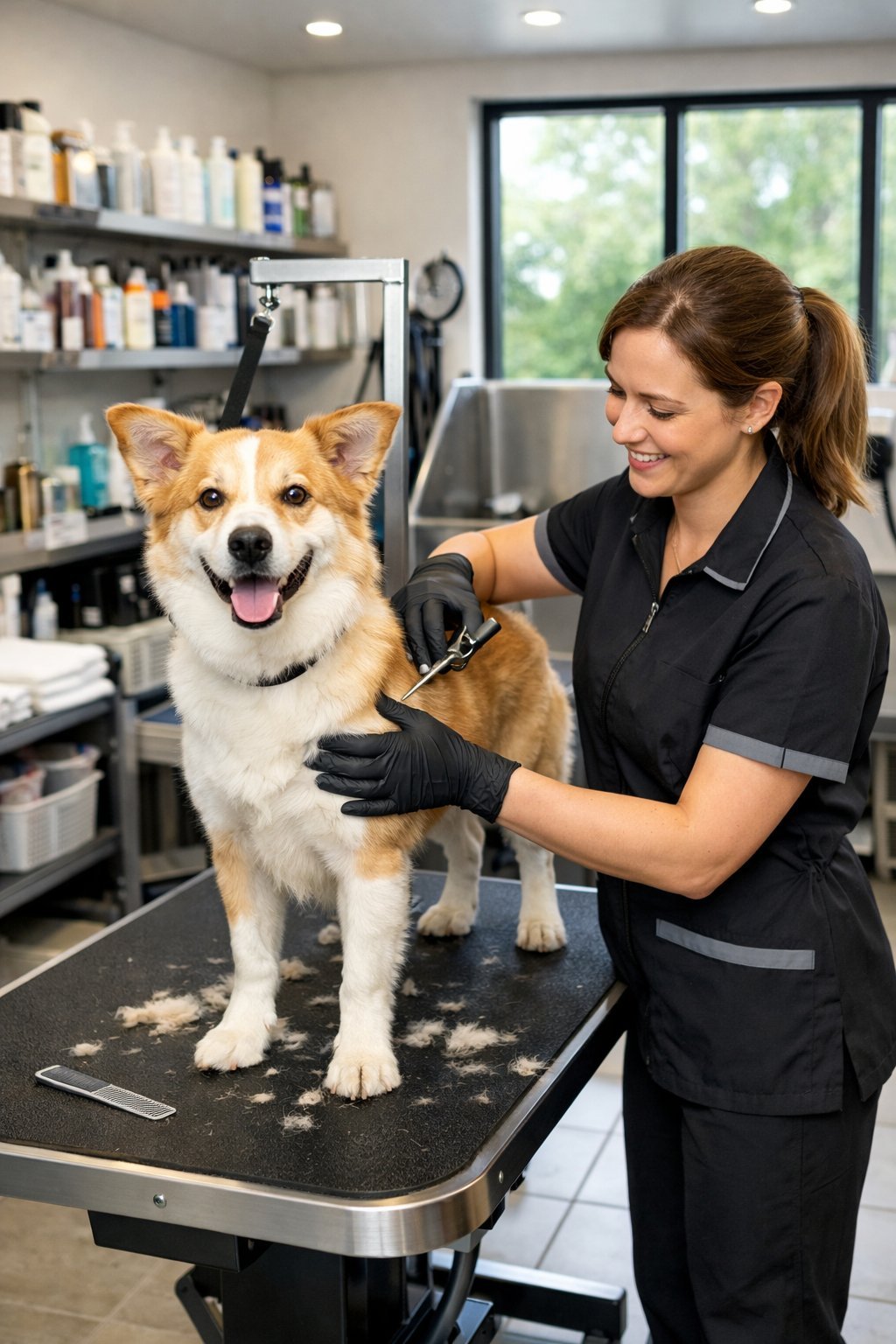 A groomer trimming the fur of a medium-sized dog on a grooming table inside a clean and well-organized dog grooming salon.