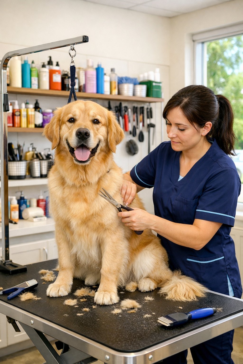 A dog groomer trimming the fur of a golden retriever in a clean grooming salon with grooming tools on shelves in the background.