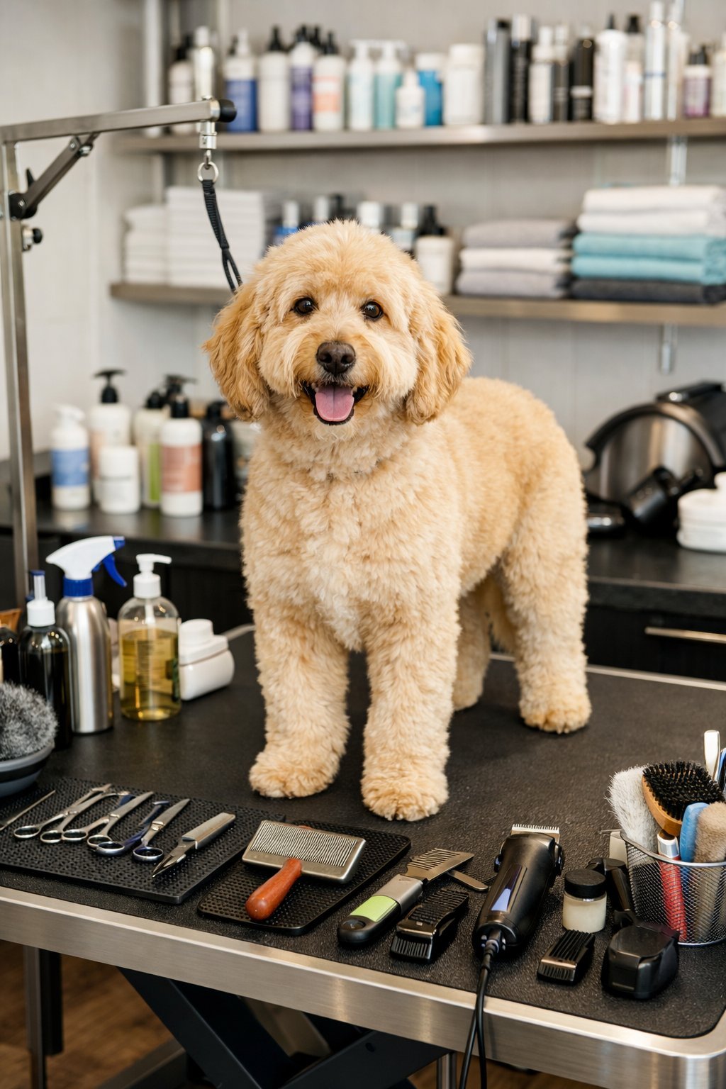 A dog stands calmly on a grooming table surrounded by grooming tools and supplies in a clean and organized workspace.
