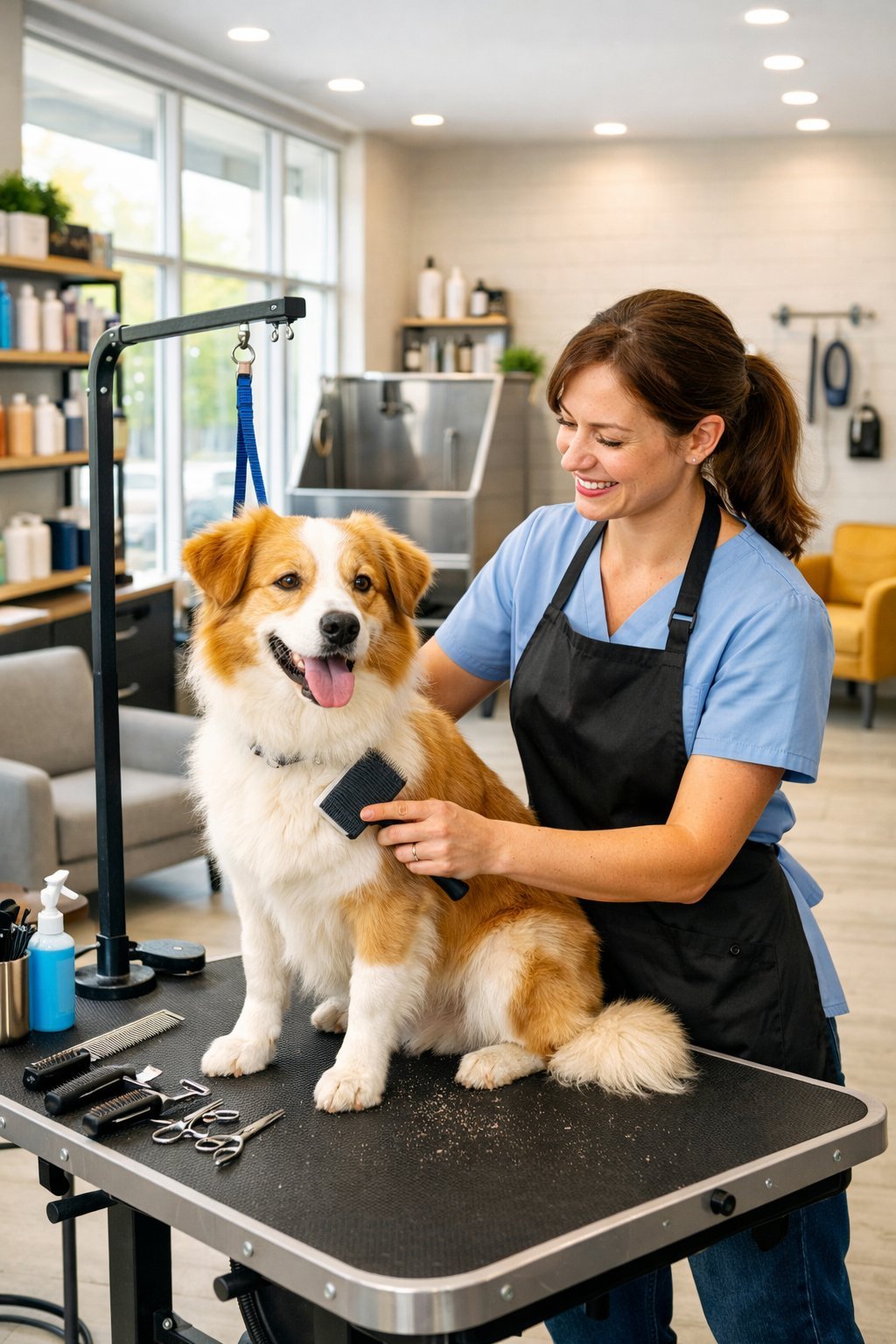 A groomer grooming a dog on a table inside a bright and clean dog grooming salon.
