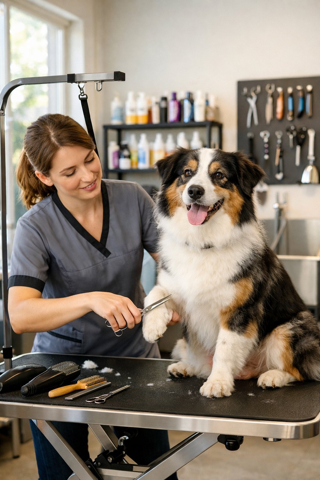 A dog groomer trimming a dog’s fur at a grooming table inside a clean and organized dog grooming salon.