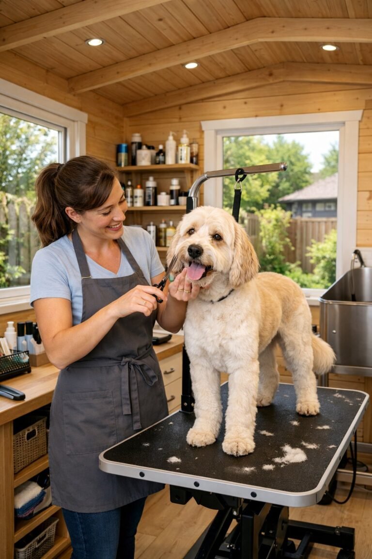 A dog groomer trimming a dog’s fur inside a clean, well-lit wooden grooming shed with grooming tools and greenery visible outside.