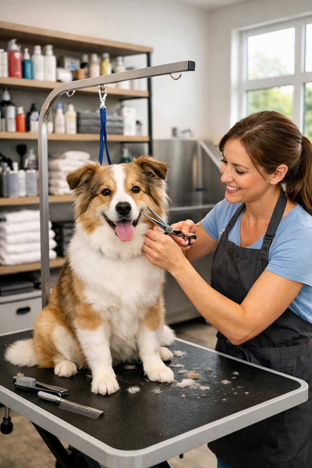 A groomer trimming a dog’s fur on a grooming table inside a clean and bright dog grooming salon.