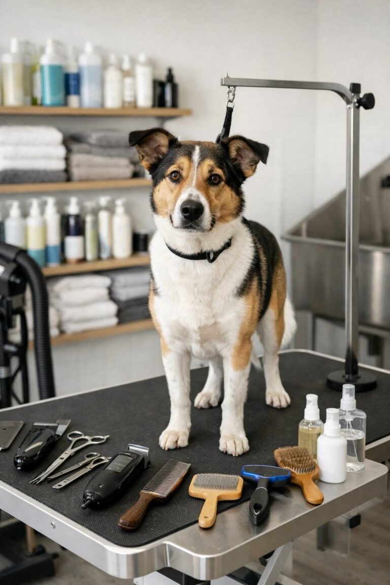 A dog standing on a grooming table surrounded by grooming tools and supplies in a clean grooming station.