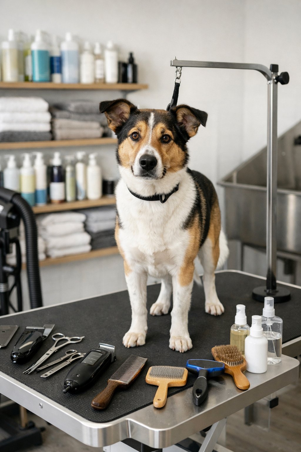 Dog Grooming Station: Essential Features and Setup Guide for Your Home A dog standing on a grooming table surrounded by grooming tools and supplies in a clean grooming station.