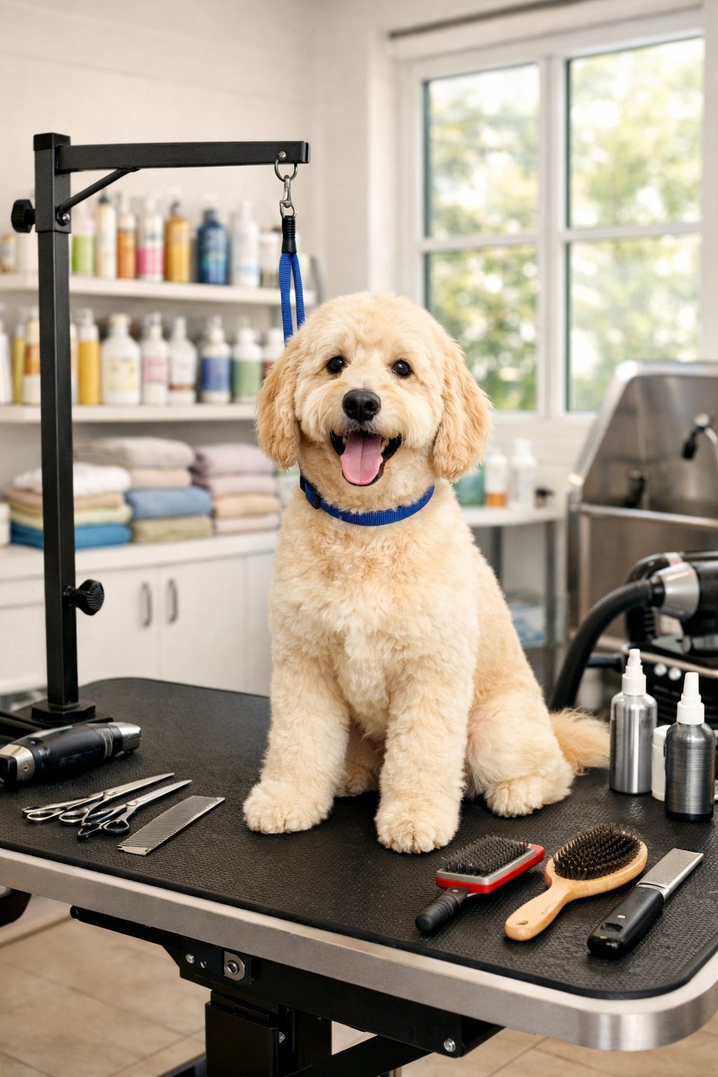 Dog Grooming Station: Essential Features and Setup Guide for Your Home A dog standing on a grooming table in a clean grooming salon with grooming tools and pet care products visible around.