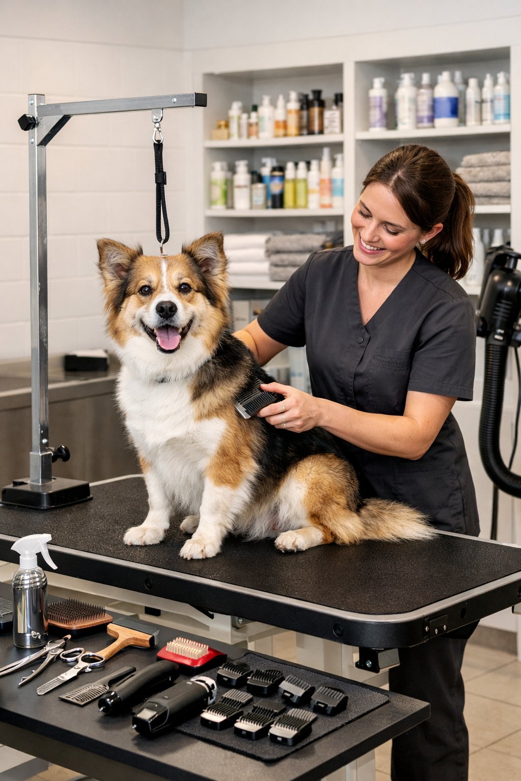 Dog Grooming Station: Essential Features and Setup Guide for Your Home A dog grooming station with a groomer trimming a dog on a grooming table surrounded by grooming tools and supplies.