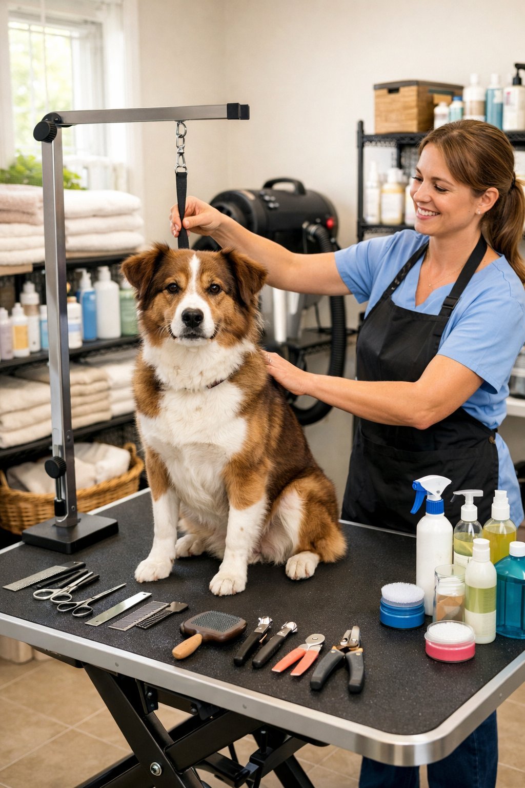 Dog Grooming Station: Essential Features and Setup Guide for Your Home A dog grooming station with a groomer preparing tools and a calm dog sitting on the grooming table.