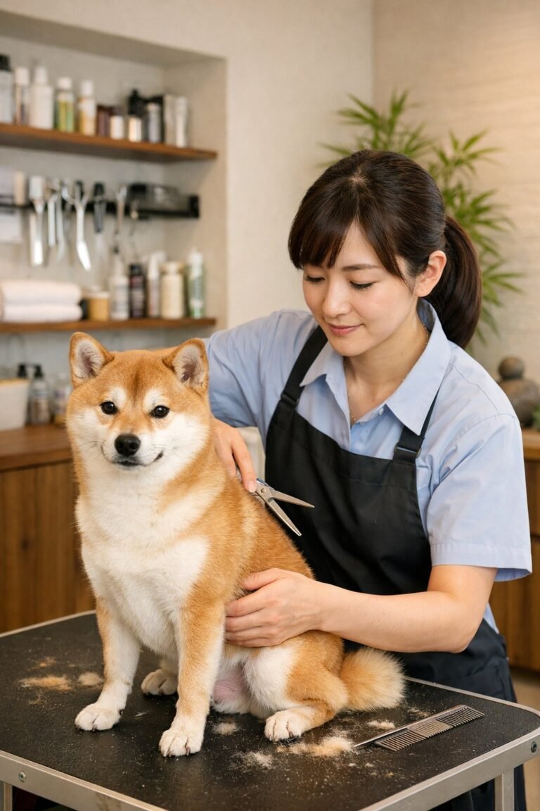 A groomer trimming the fur of a small Shiba Inu dog on a grooming table in a clean salon.