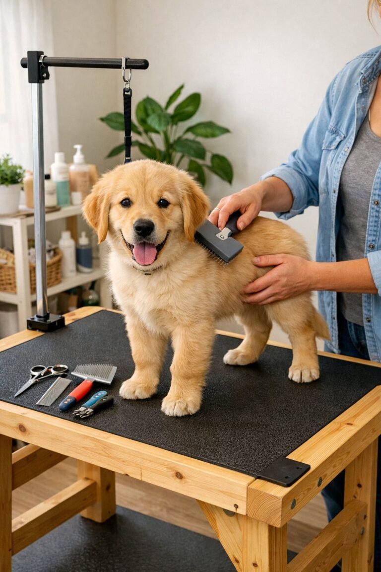 A person grooming a small dog on a wooden DIY dog grooming table in a bright room with grooming tools and plants nearby.