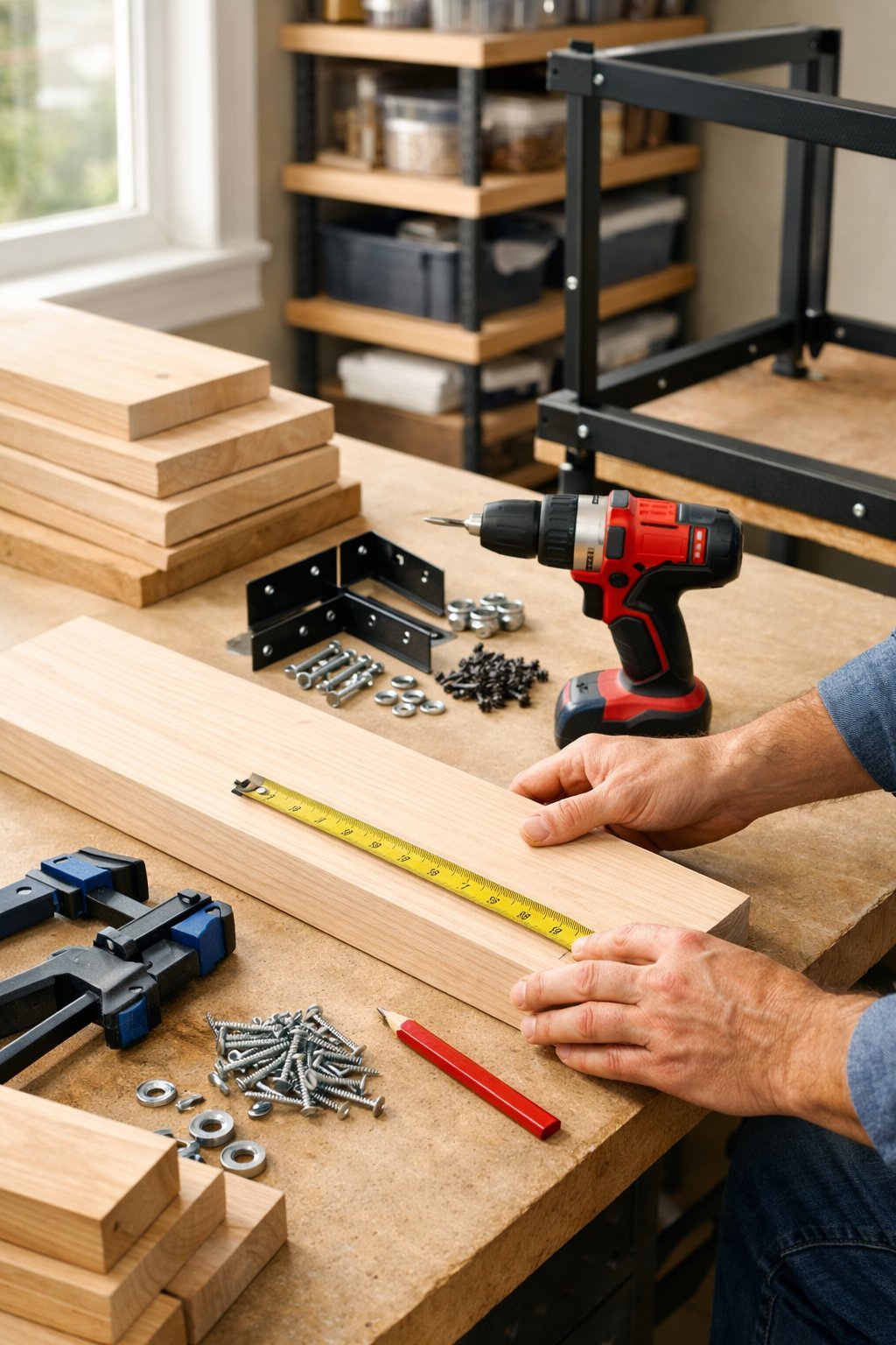 Hands measuring wood on a workbench surrounded by tools and materials for building a dog grooming table.