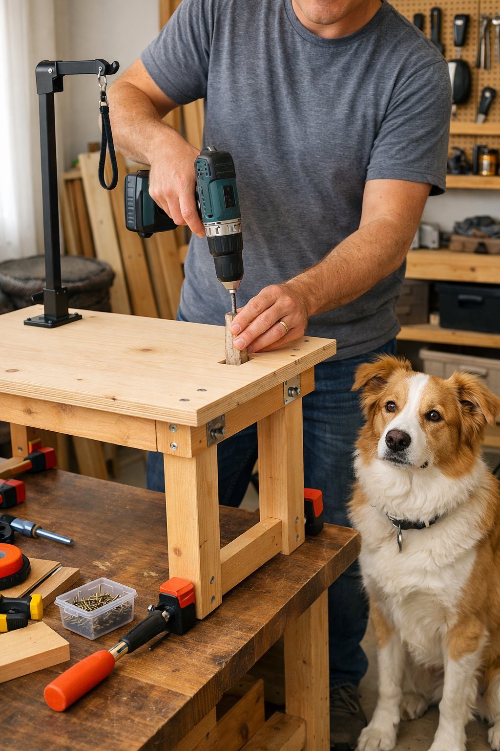 Person assembling a wooden dog grooming table in a workshop with tools and a dog nearby.