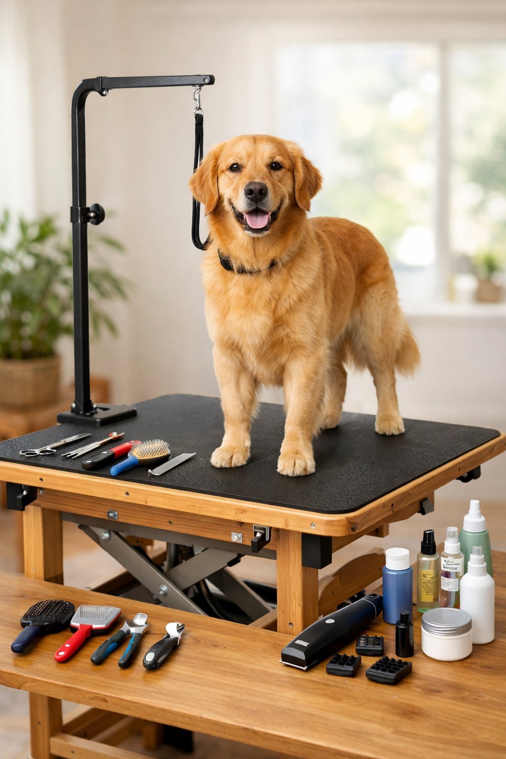 A medium-sized golden retriever standing on a wooden dog grooming table with grooming tools arranged nearby in a bright indoor space.