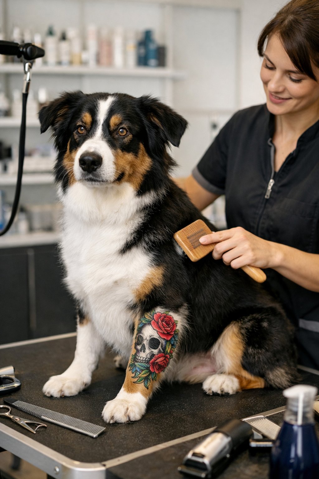 A dog with a colorful tattoo on its leg sits on a grooming table while a groomer brushes its fur in a pet grooming salon.