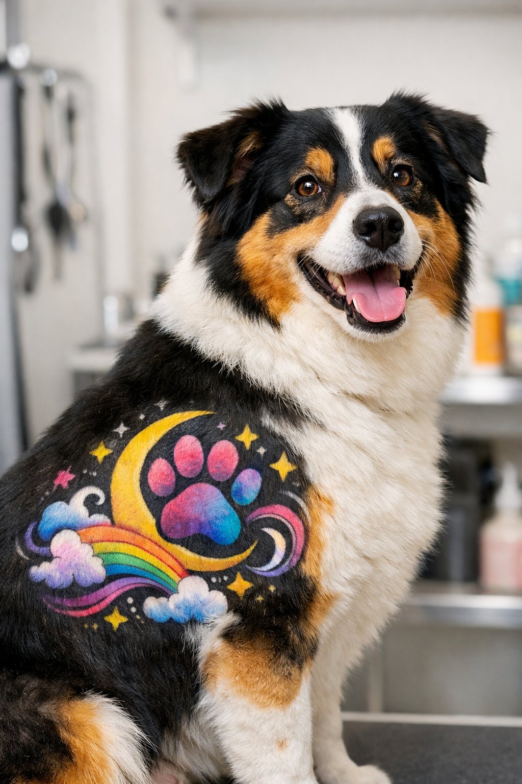 A calm dog with a colorful tattoo design on its fur sitting in a bright grooming salon.