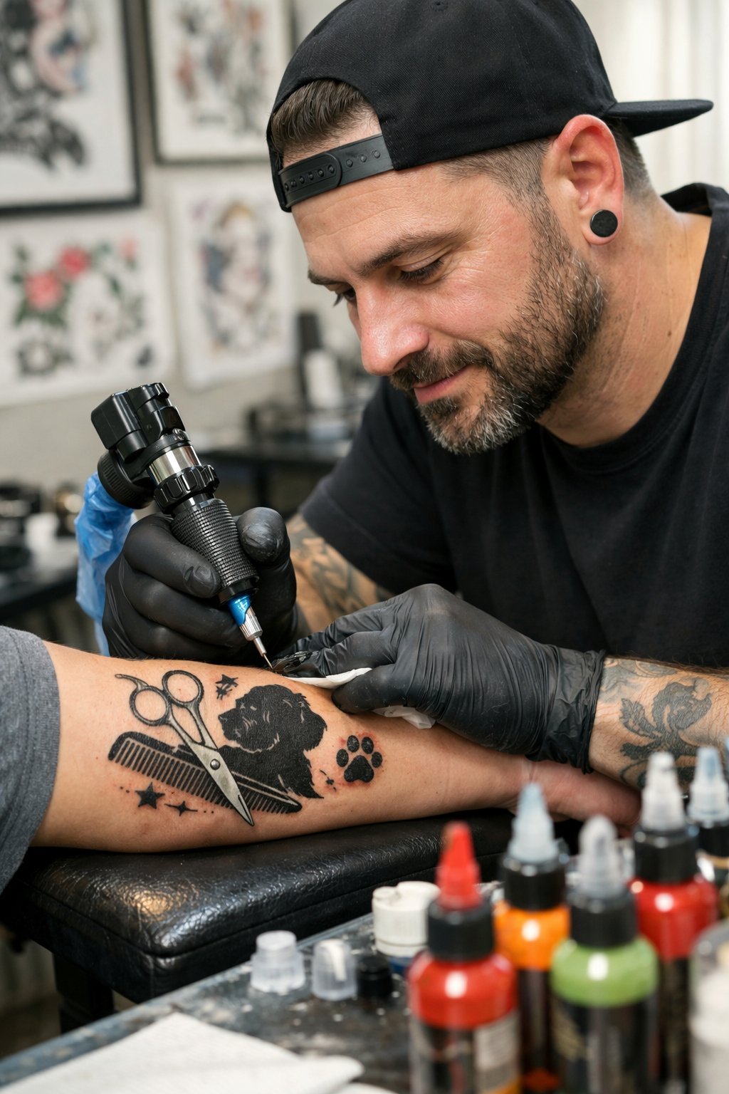 A tattoo artist working on a dog grooming-themed tattoo on a client's forearm in a tattoo studio.