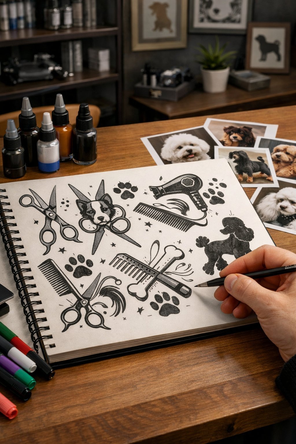 A person sketching dog grooming tattoo designs on a desk surrounded by tattoo supplies and dog reference photos.