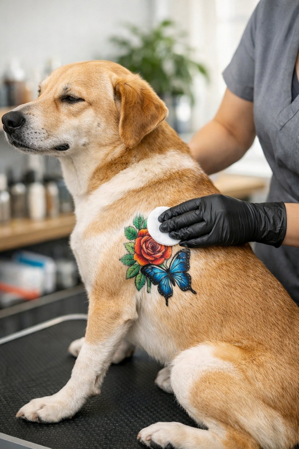 A groomer gently caring for a tattooed dog on a grooming table in a clean salon.