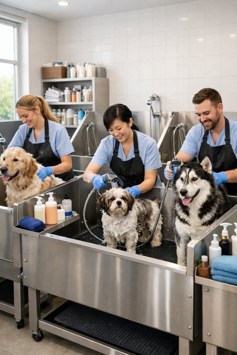 Dogs being bathed in clean dog grooming tubs by professional groomers in a bright grooming salon.