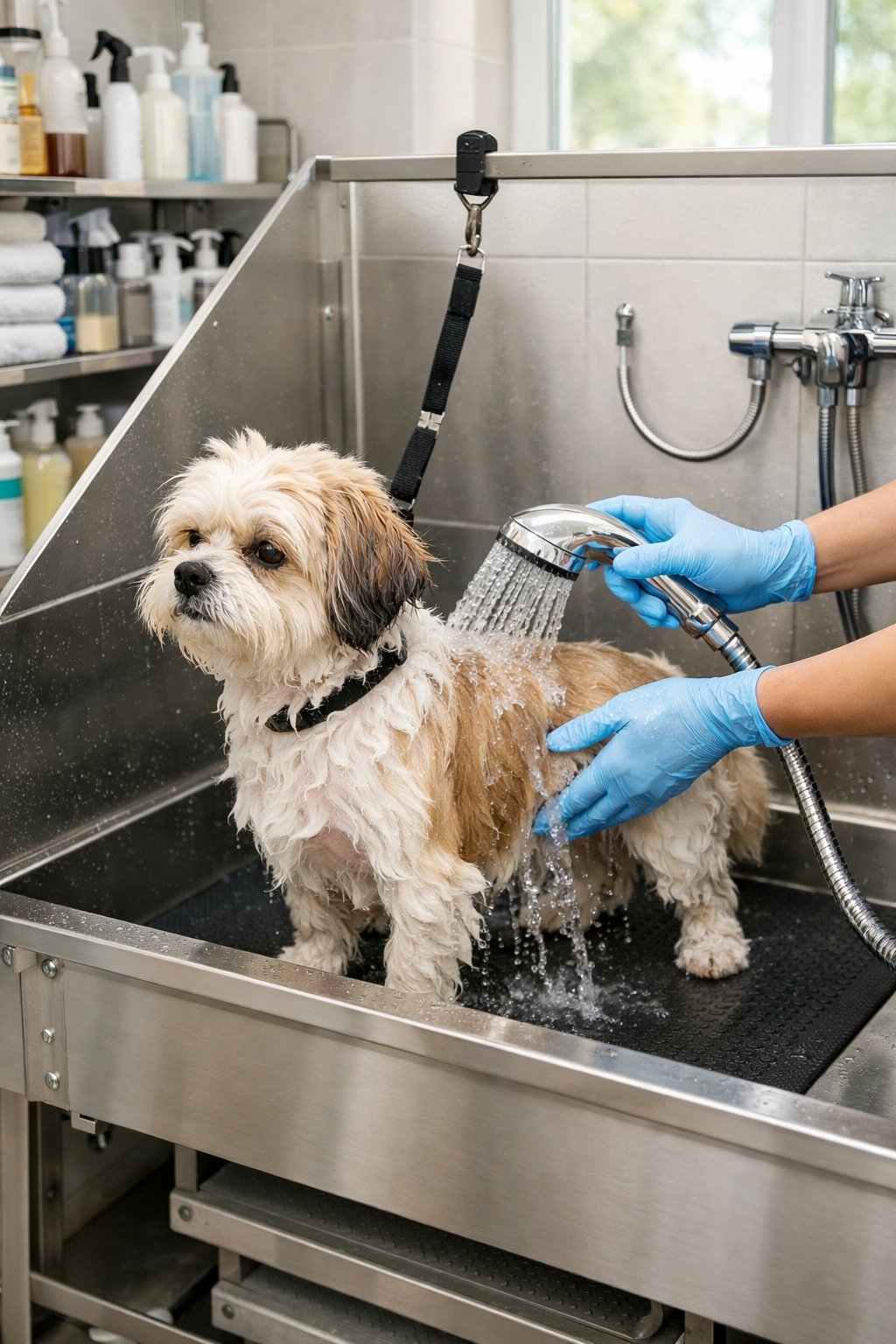 A dog standing in a stainless steel grooming tub while being rinsed by a groomer in a clean grooming salon.
