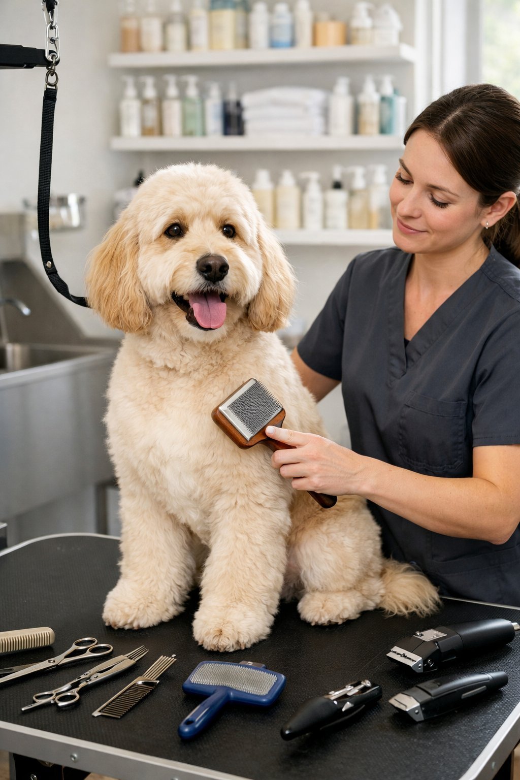 A groomer brushing a happy dog on a grooming table inside a clean grooming salon.