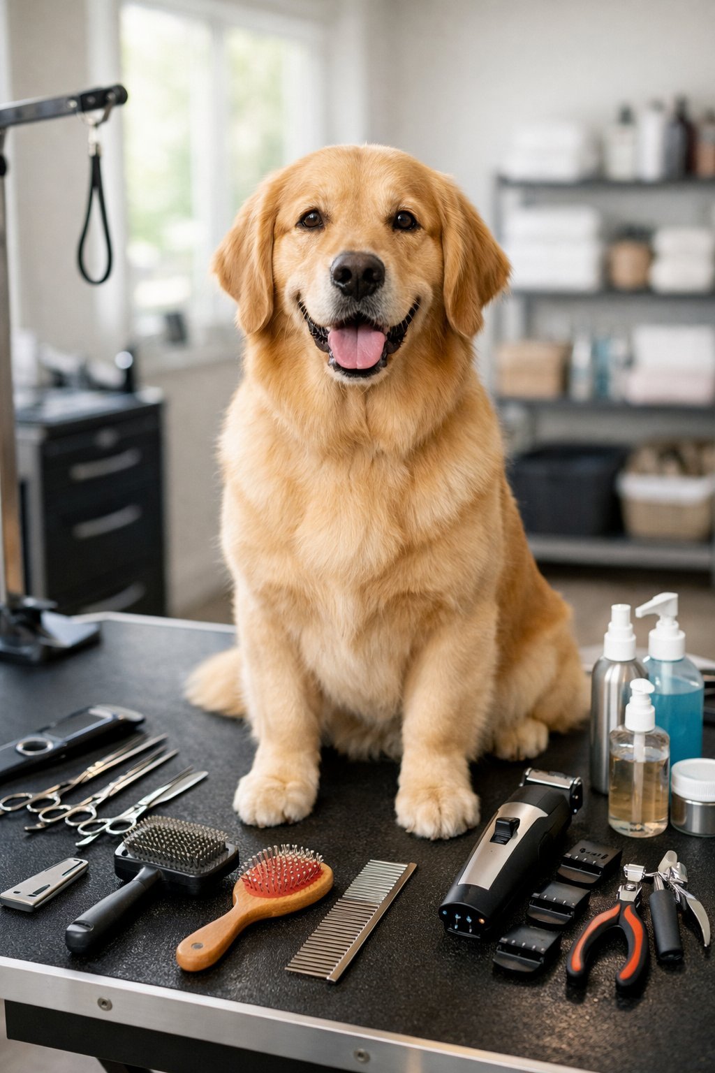 A well-groomed dog sitting on a grooming table surrounded by grooming tools in a bright salon.