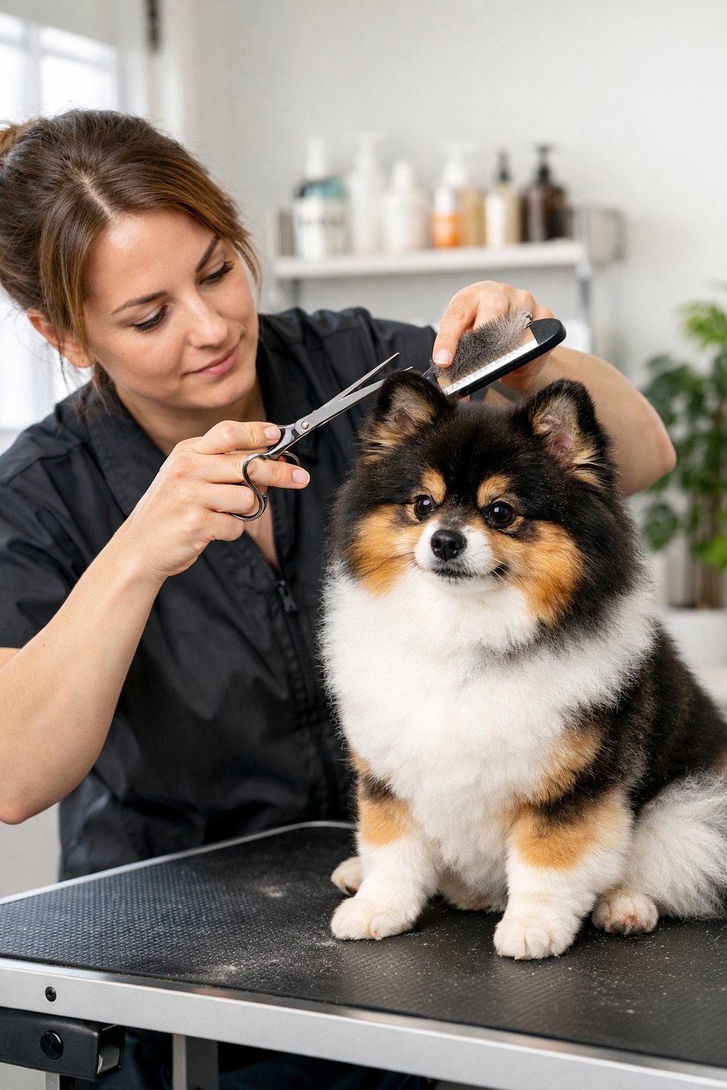 A dog groomer styling a medium-sized dog on a grooming table in a clean salon.