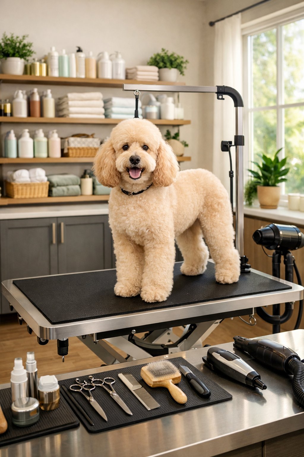 A clean dog grooming salon with a dog standing on a grooming table surrounded by grooming tools and products.