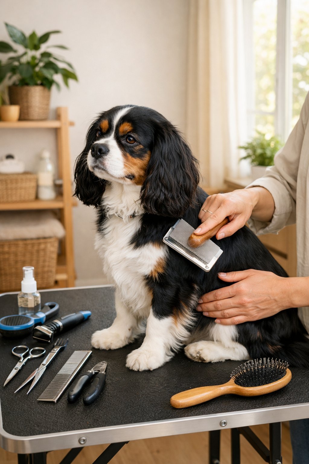 A person grooming a calm dog on a table in a bright, tidy room with grooming tools nearby.