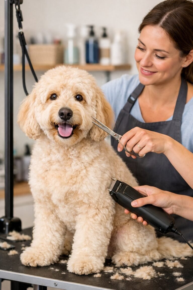 A doodle dog getting a haircut from a groomer in a pet grooming salon.