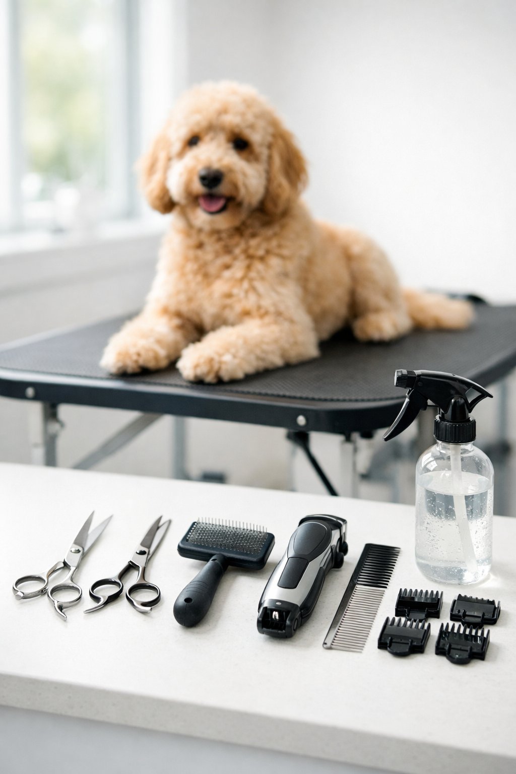 Doodle Haircut Dog Grooming: Essential Tips for Keeping Your Pup Looking Fresh Grooming tools arranged on a countertop next to a golden doodle dog sitting on a grooming table.